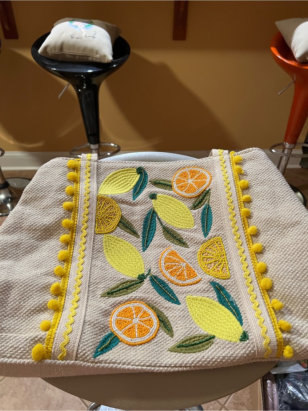 America & Beyond Cream Tote with Yellow Pom Trim and Citrus Embroidery NWT